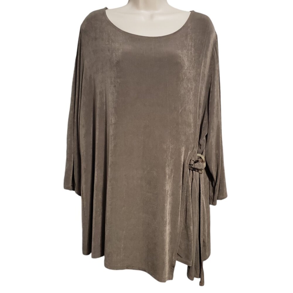 Chicos Travelers Size 3 Tunic Top Hip Tie 3/4 Sleeves Slinky Knit Brown Neutral